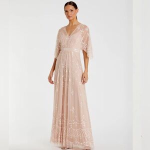 MAC DUGGAL 9144  V-NECK FLOUNCE SLEEVE EMBELLISHED MESH BLUSH GOWN sz 8